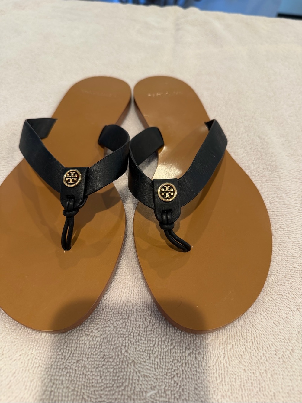 Tory Burch Miller Flip Flop Sandals | Black & Tan | Gold Logo